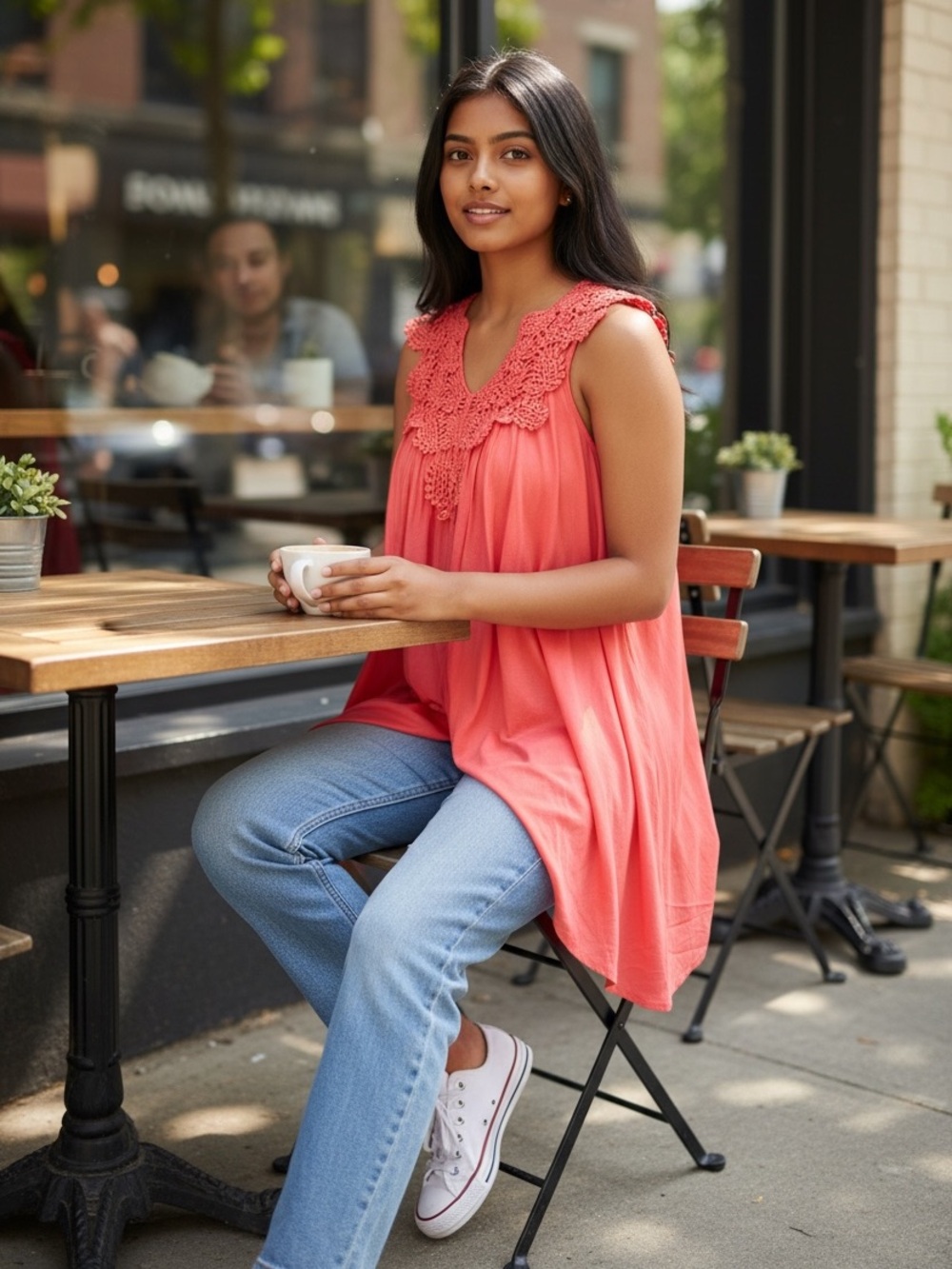 Elegant Coral Lace Trim Tunic